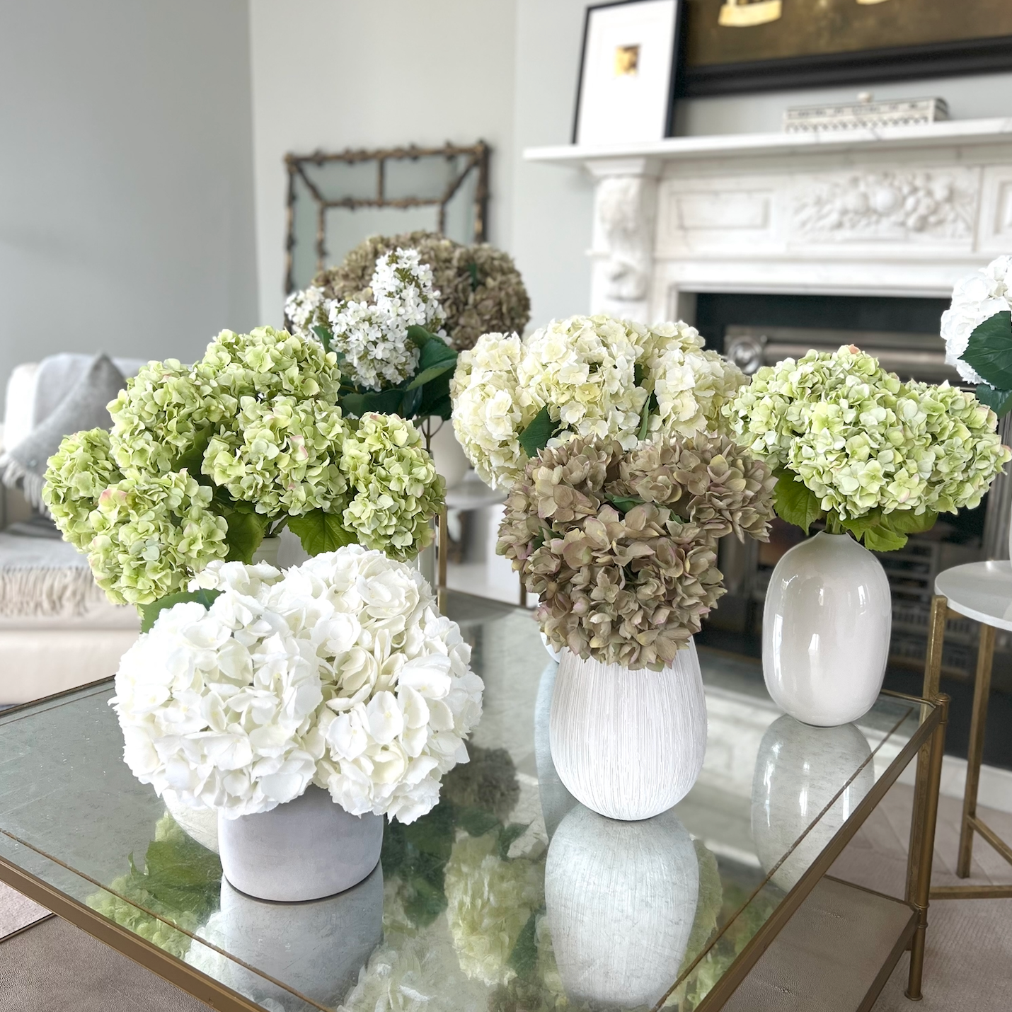 Artificial flowers luxury faux silk green cream white hydrangea vase lifelike realistic faux flowers