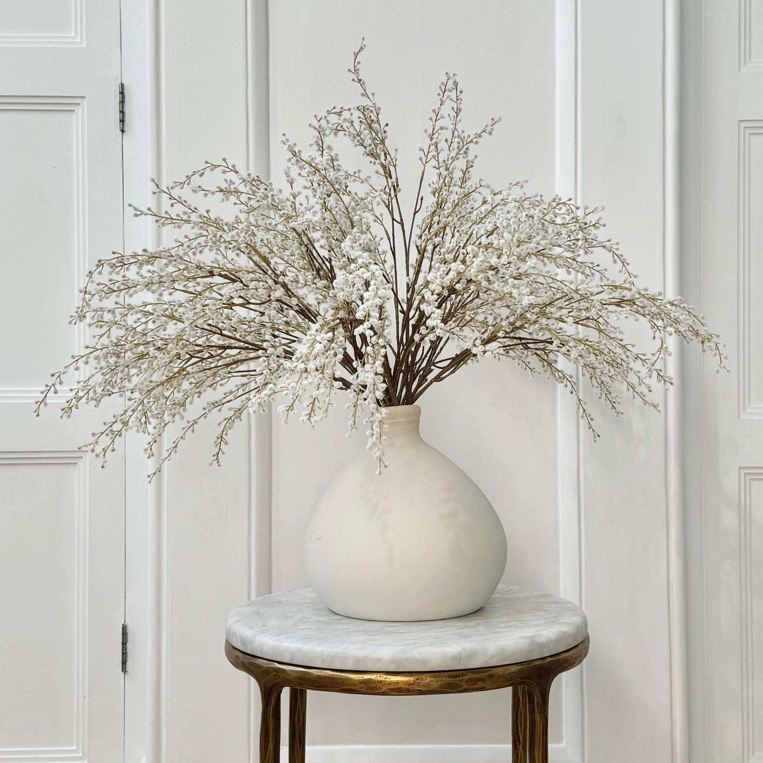 Luxury Lifelike Realistic Artificial Fabric Faux Silk Luxury White Willow Spray ABZ1504WH Winter Autumn Artificial Flower Arrangement with Faux Foliage in Burford Vase ABP1747 Buy Online from The Faux Flower Company