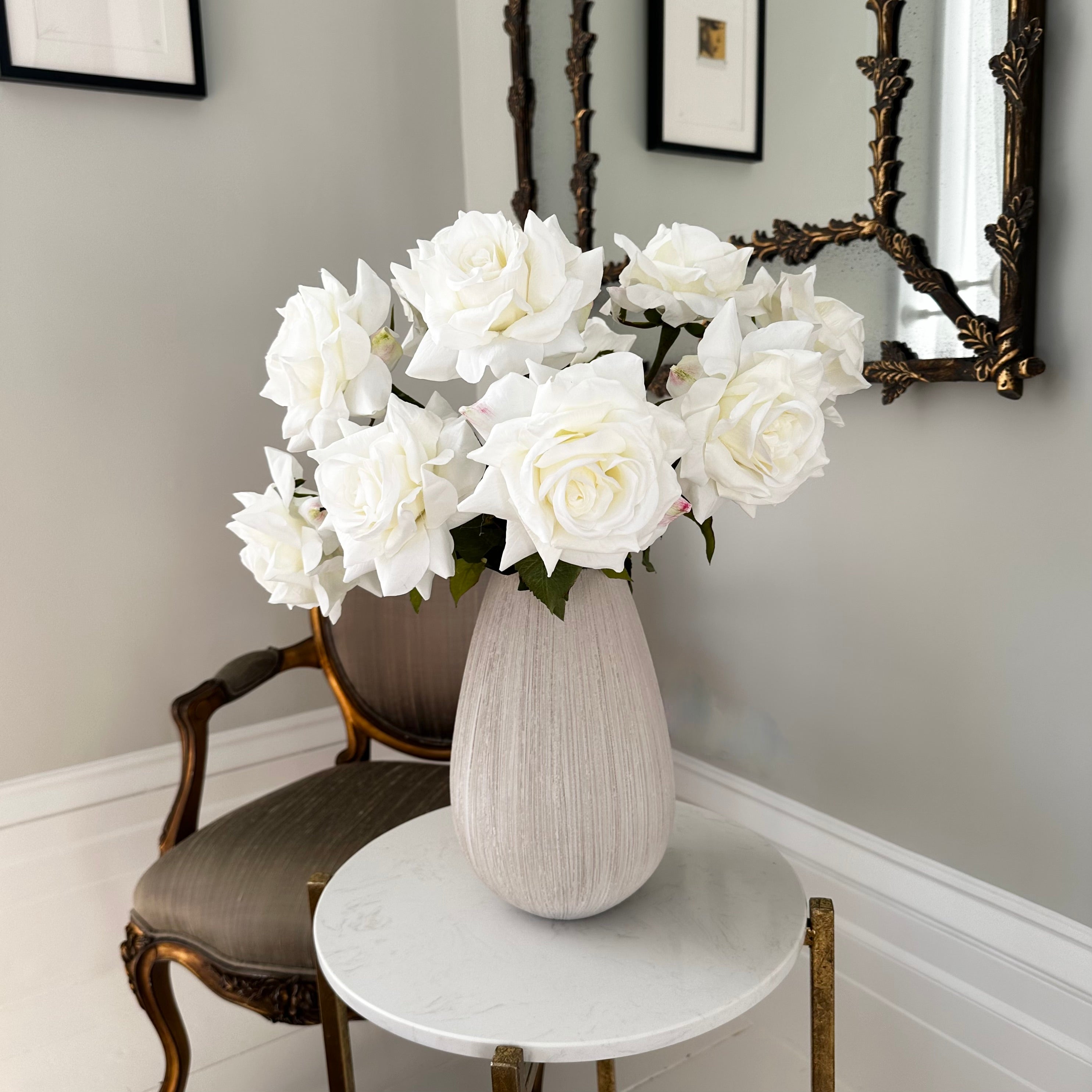 Luxury Lifelike Realistic Artificial Fabric Faux Silk Luxury White Tea Rose ABY5155WH Deluxe Winter Autumn Artificial Flower Arrangement with Faux Foliage in Bibury Vase ABP1513 Buy Online from The Faux Flower Company