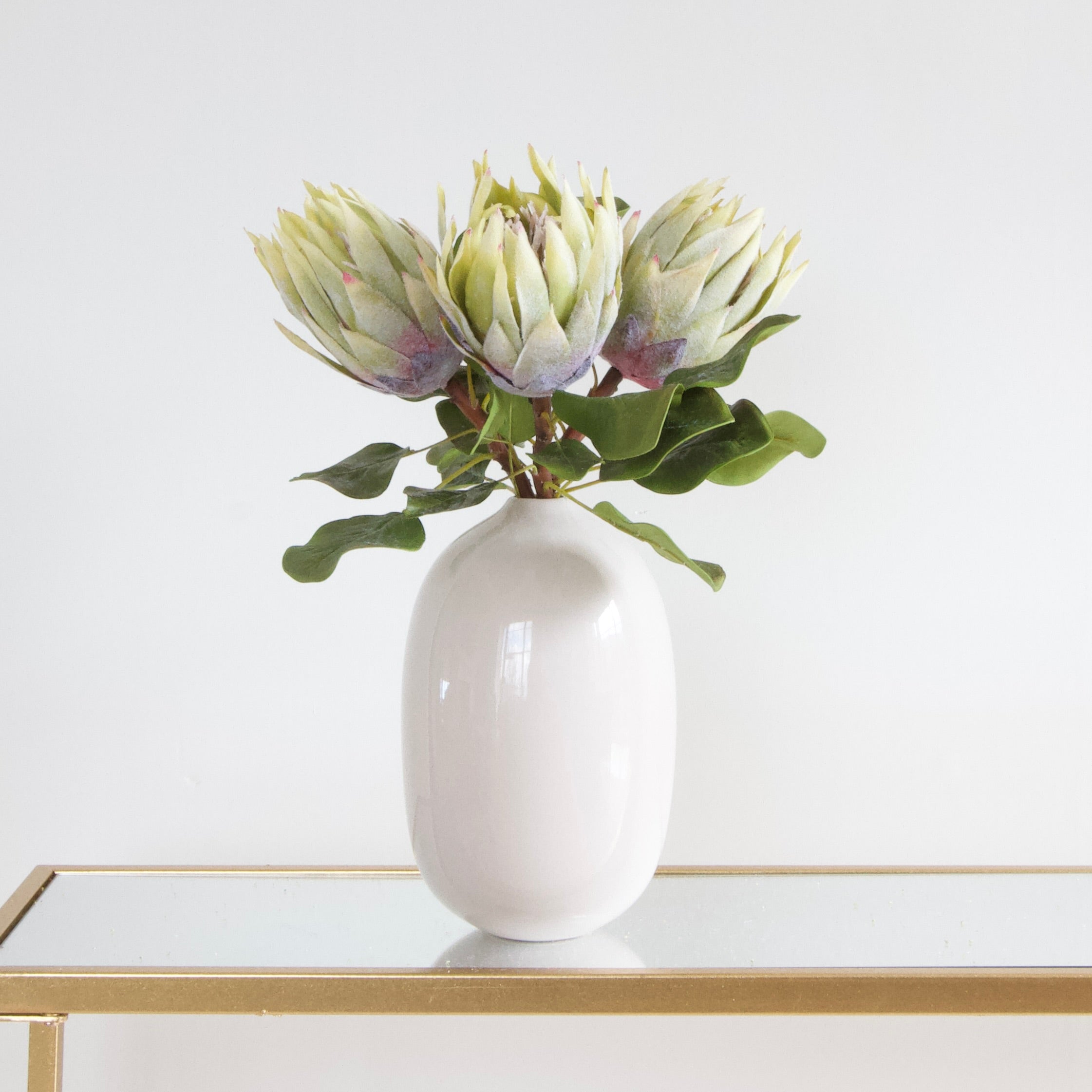 Luxury Lifelike Realistic Artificial Fabric Silk Blooms with Foliage Buy Online from The Faux Flower Company | Green Protea