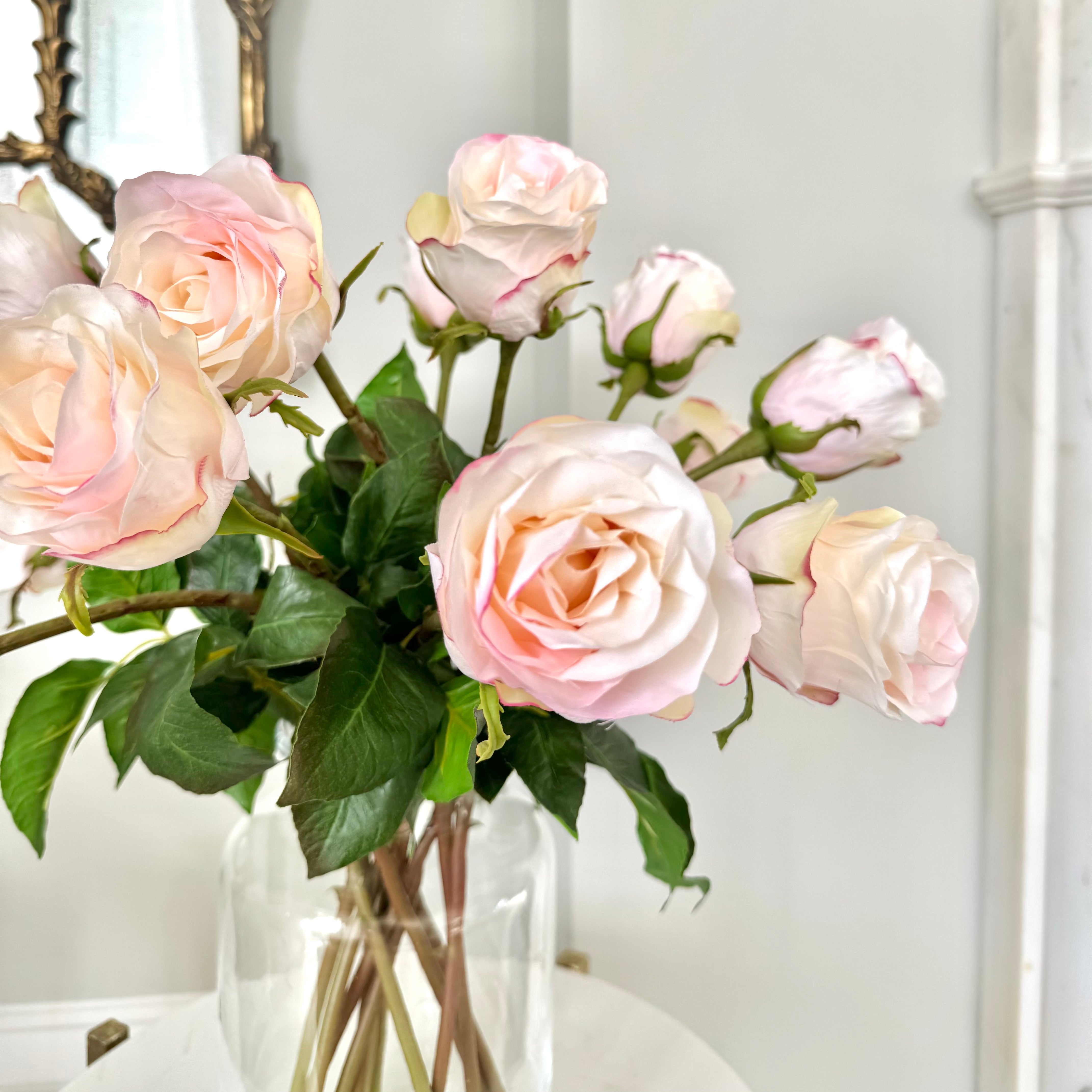 Luxury Lifelike Realistic Artificial Flowers Fabric Silk Luxury Flower Stem Silk Flower Arrangement Blush Pink Rose Bud in Vase with Foliage Clear Funnel Neck Buy Online from The Faux Flower Company UK Trade Wholesale Bulk Buy Discounts ABY3106PK