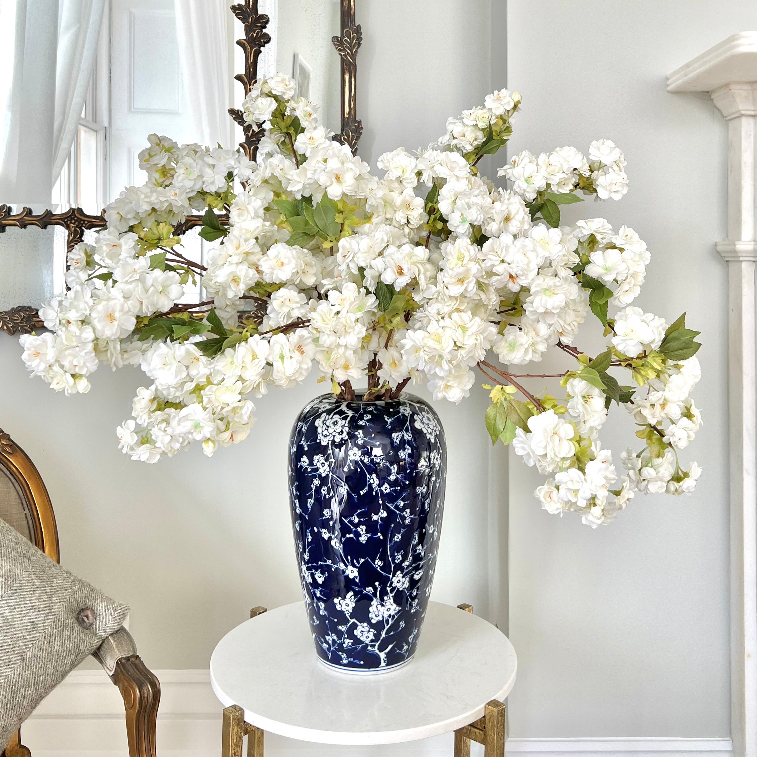 Luxury Lifelike Realistic Artificial Flowers Fabric Silk Luxury Flower Stem Silk Flower Arrangement White Cherry Blossom with Foliage in Blue Flower Oriental Ceramic Vase Buy Online from The Faux Flower Company Trade Wholesale Bulk Buy ABY5043WH