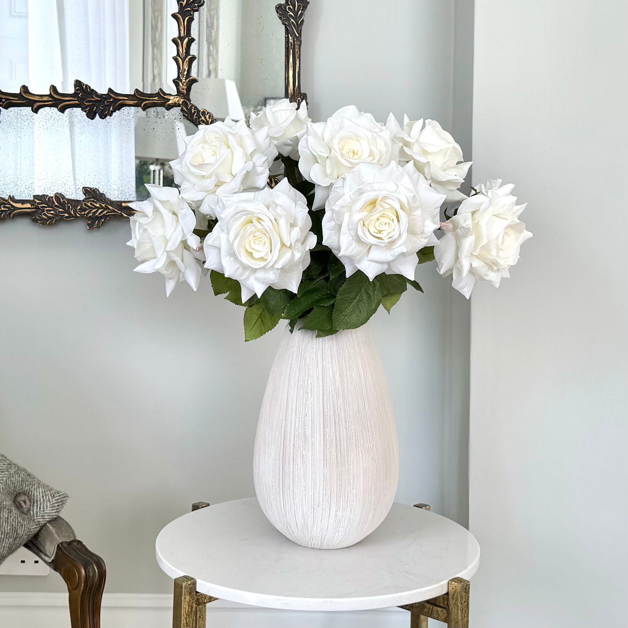 Luxury Lifelike Realistic Artificial Flowers Fabric Silk Luxury Flower Stem Silk Flower Arrangement White Tea Rose with Foliage in Bibury Vase Buy Online from The Faux Flower Company Trade Wholesale Bulk Buy ABY5155WH