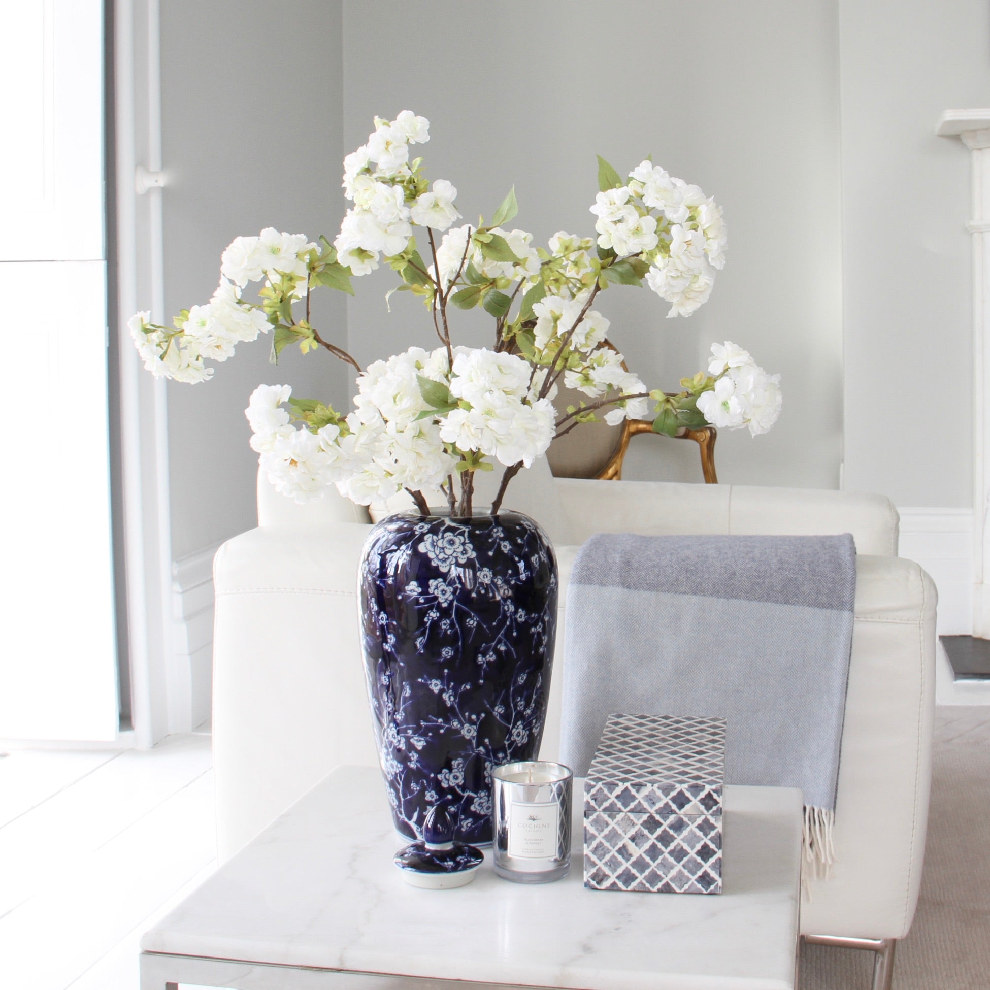 Luxury Lifelike Realistic Artificial Fabric Faux Silk Luxury White Cherry Blossom Flower in Blue Oriental Vase Buy Online from The Faux Flower Company
