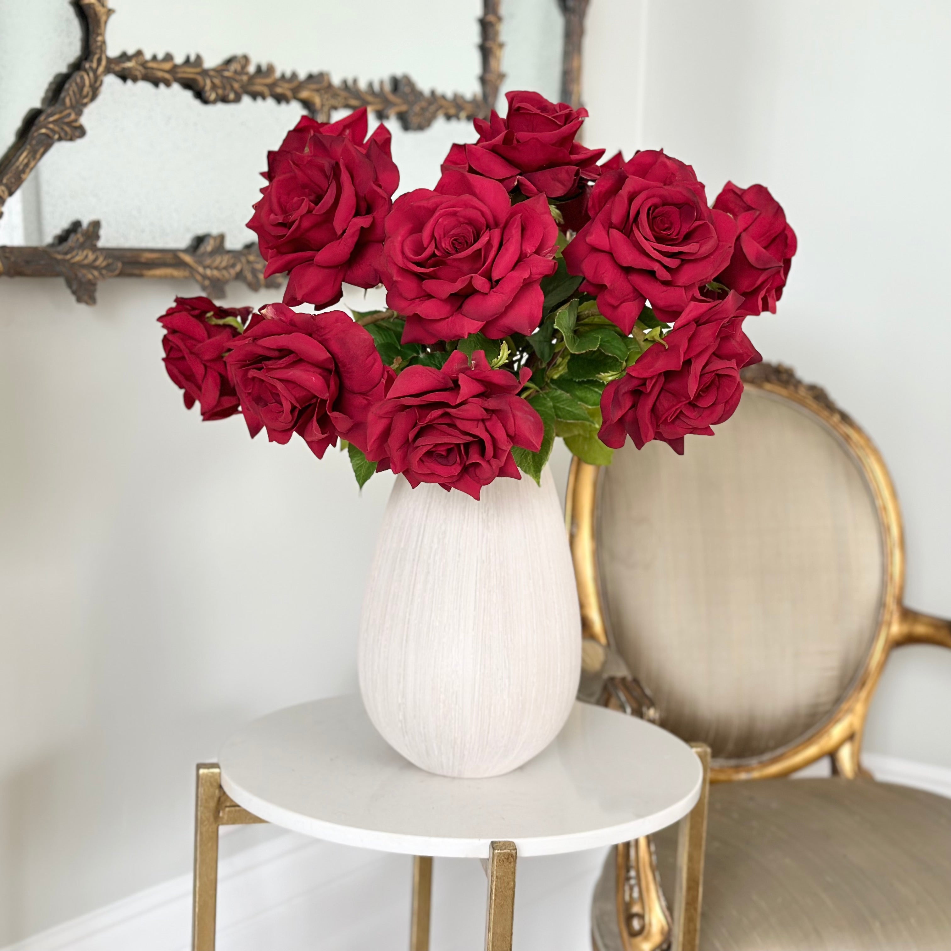 Luxury Lifelike Realistic Artificial Fabric Faux Silk Luxury Red Red Tea Rose ABY5155RD Deluxe Winter Autumn Artificial Flower Arrangement with Faux Foliage in Bibury Vase ABP1513 Buy Online from The Faux Flower Company Trade Wholesale