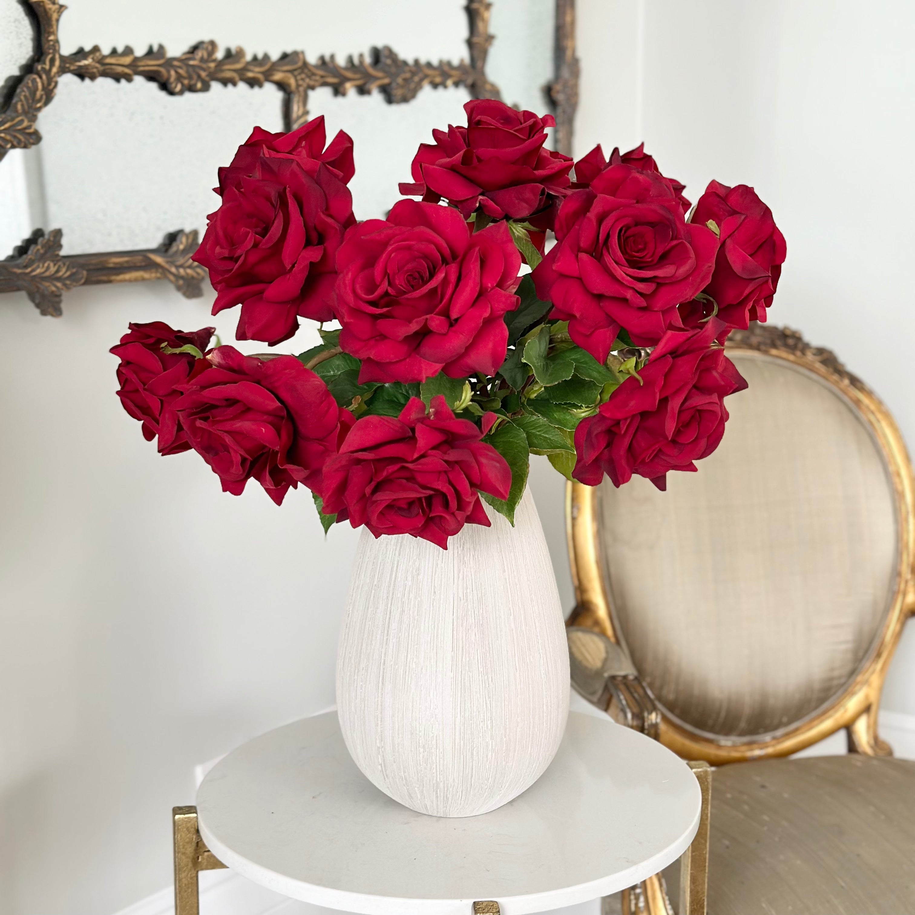 Luxury Lifelike Realistic Artificial Fabric Faux Silk Luxury Red Red Tea Rose ABY5155RD Deluxe Winter Autumn Artificial Flower Arrangement with Faux Foliage in Bibury Vase ABP1513 Buy Online from The Faux Flower Company Trade Wholesale