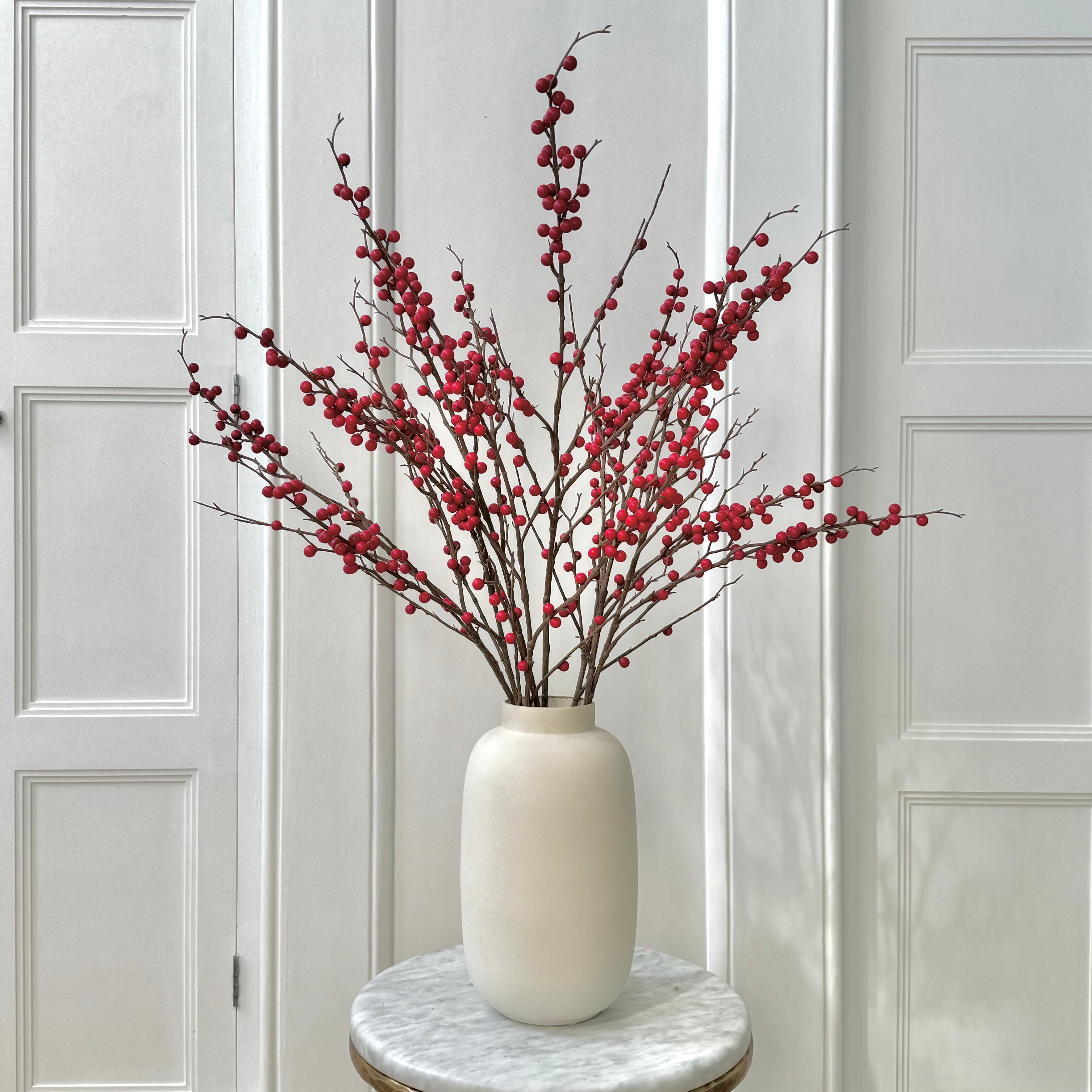 Luxury Lifelike Realistic Artificial Fabric Faux Silk Luxury Red Tall Red Berries ABX3783RD Deluxe Winter Autumn Artificial Flower Arrangement with Faux Foliage in Kingham Vase ABP04B3 Buy Online from The Faux Flower Company