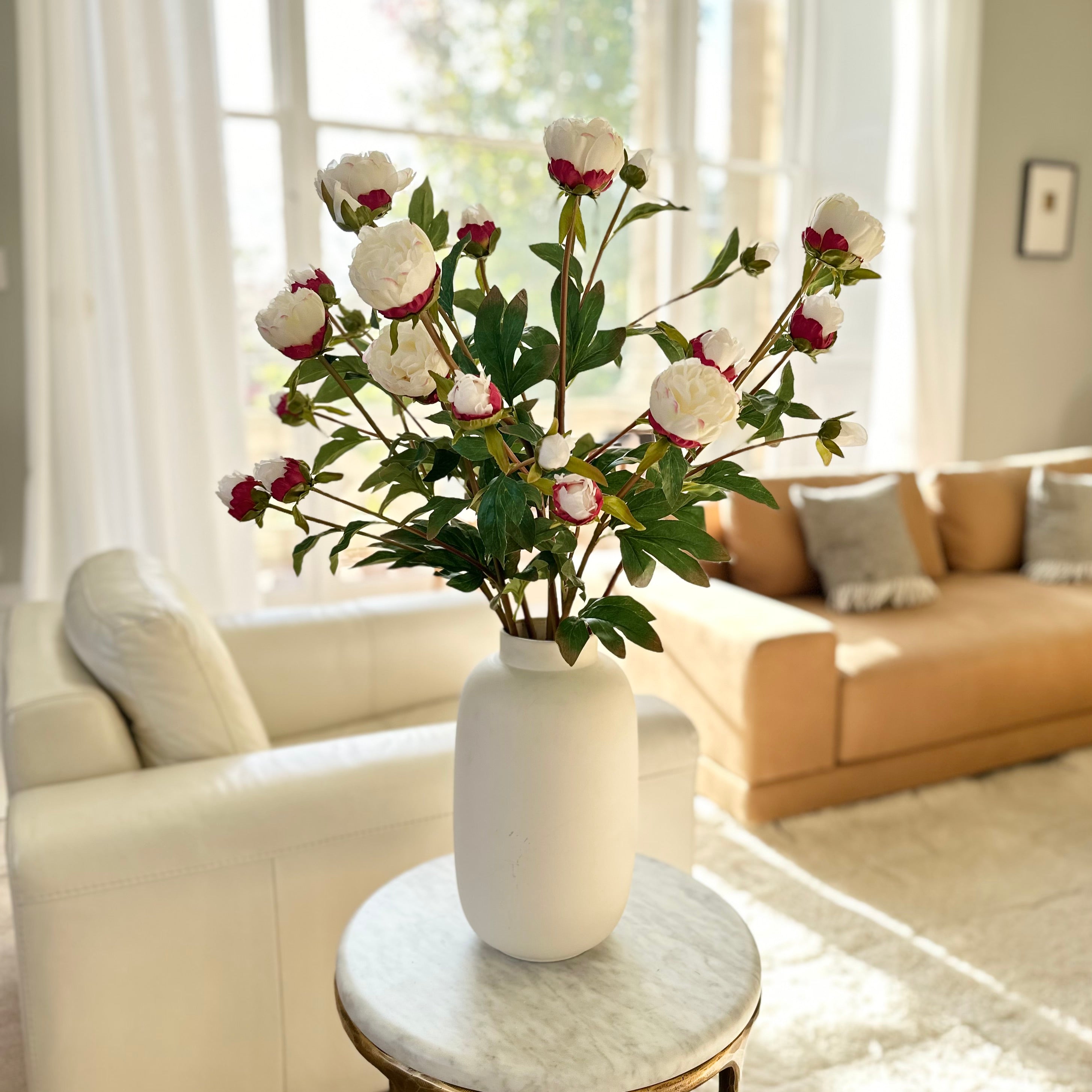Luxury Lifelike Realistic Artificial Fabric Faux Silk Luxury White Peony Spray ABX1102WH Artificial Flower Arrangement with Faux Foliage Buy Online from The Faux Flower Company Trade Wholesale