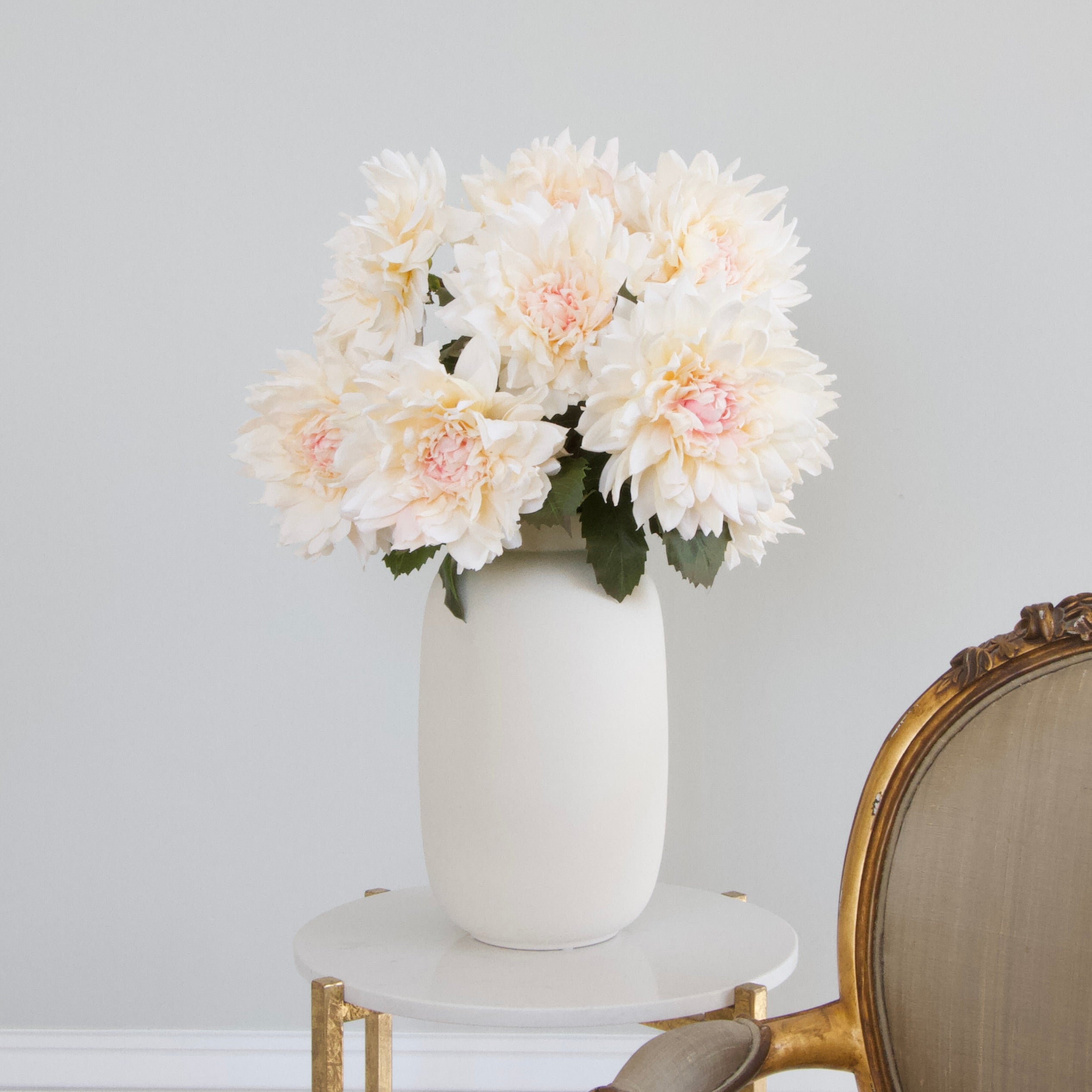Luxury Lifelike Realistic Artificial Fabric Silk Blooms with Foliage Buy Online from The Faux Flower Company | Cafe Au Lait Dahlia ABY2216LPK styled in Ceramic Kingham Vase ABP04B3