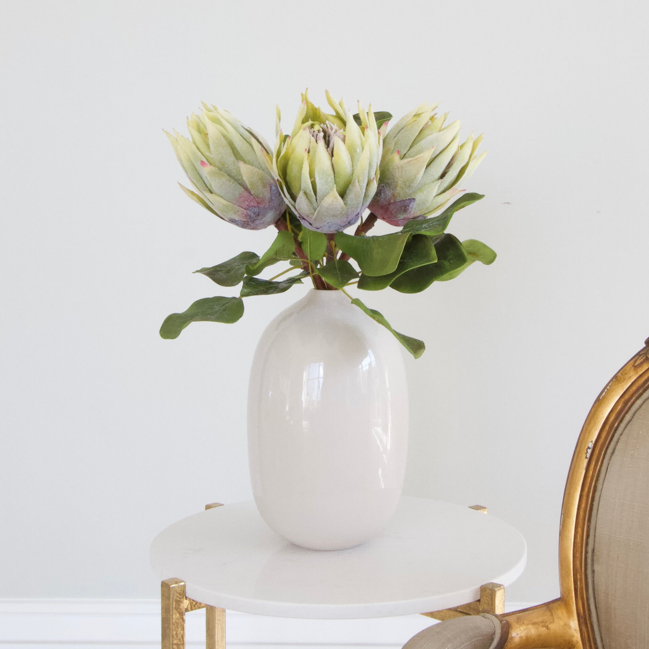 Luxury Lifelike Realistic Artificial Fabric Silk Blooms with Foliage Buy Online from The Faux Flower Company | Green Protea 