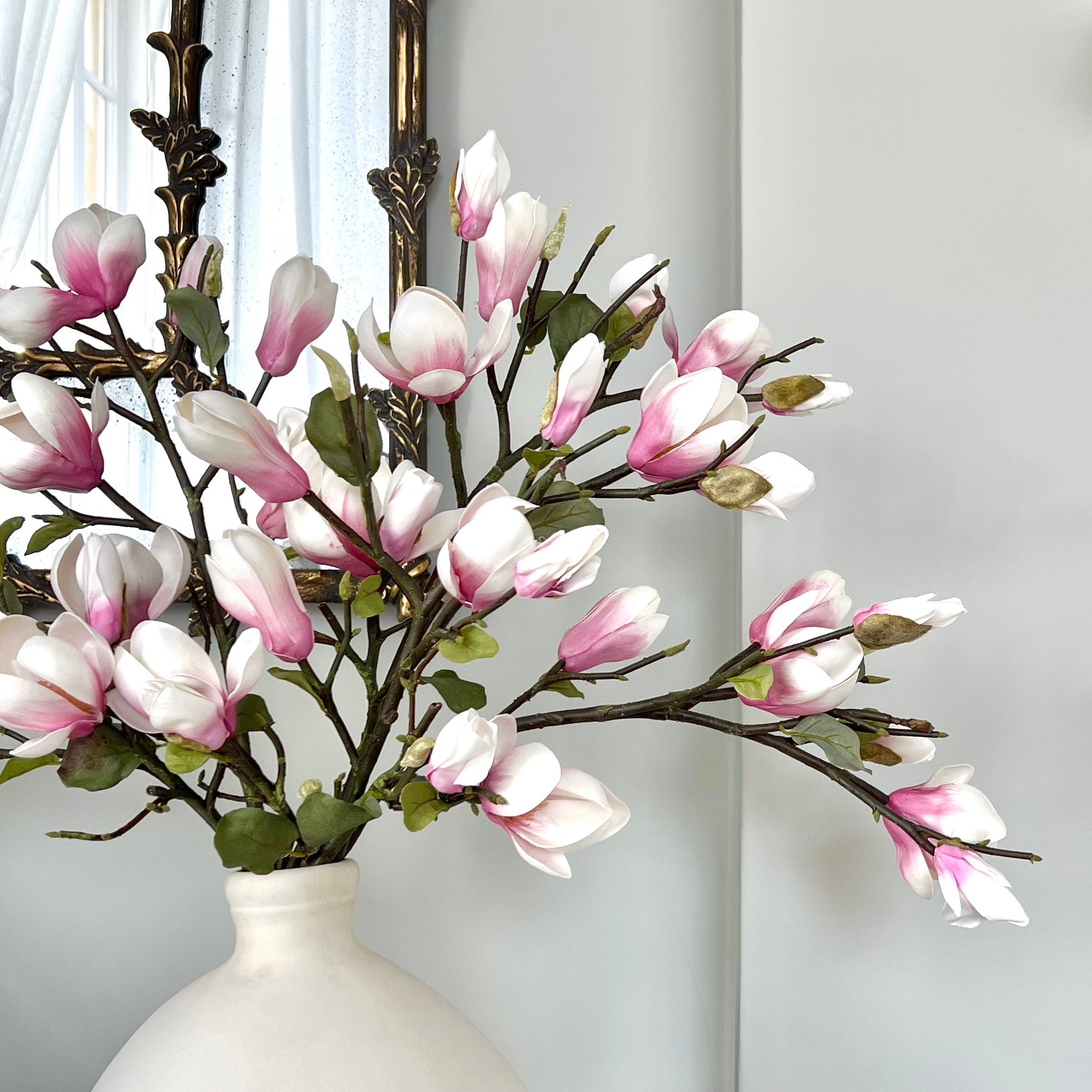 Luxury Lifelike Realistic Artificial Flowers Fabric Silk Luxury Flower Stem Silk Flower Arrangement Pink Tall Magnolia in Burford Vase with Foliage Buy Online from The Faux Flower Company UK Trade Wholesale Bulk Buy Discounts ABY7098PK