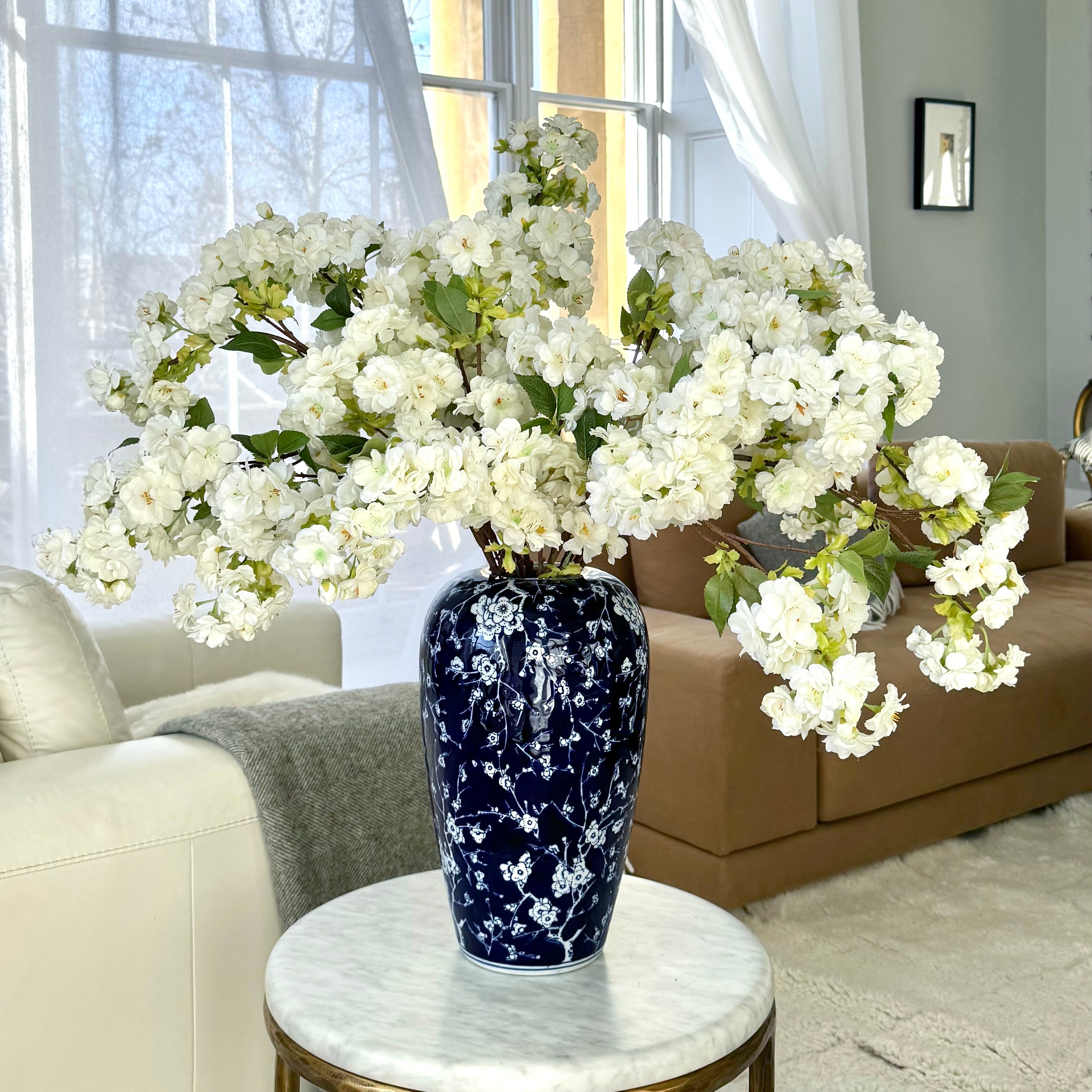 Luxury Lifelike Realistic Artificial Flowers Fabric Silk Luxury Flower Stem Silk Flower Arrangement White Cherry Blossom with Foliage in Blue Flower Oriental Ceramic Vase Buy Online from The Faux Flower Company Trade Wholesale Bulk Buy ABY5043WH