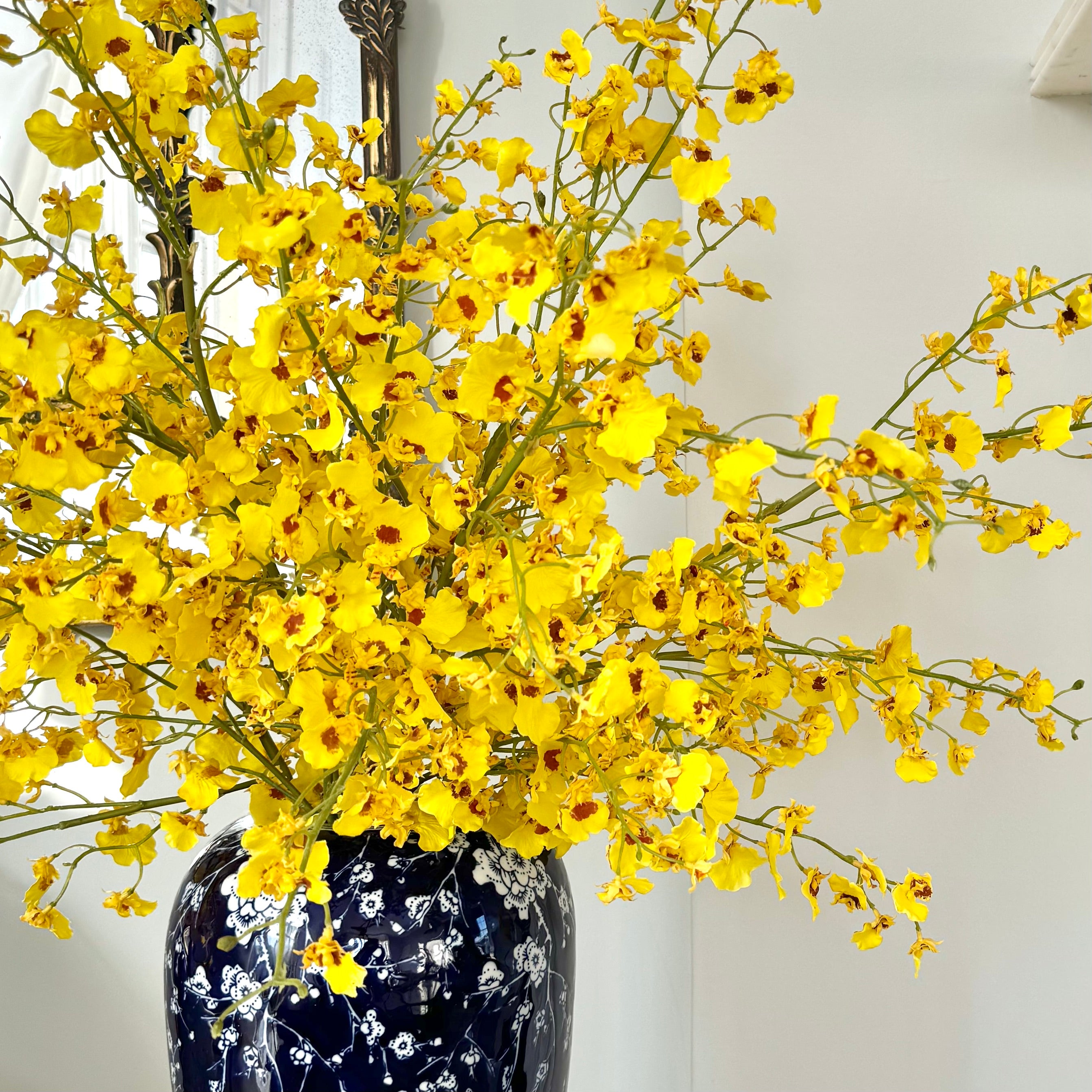 Luxury Lifelike Realistic Artificial Flowers Fabric Silk Luxury Flower Stem Silk Flower Arrangement Yellow Oncidium Orchid with Foliage in Blue Flower Oriental Ceramic Vase Buy Online from The Faux Flower Company Trade Wholesale Bulk Buy ABY7044YL